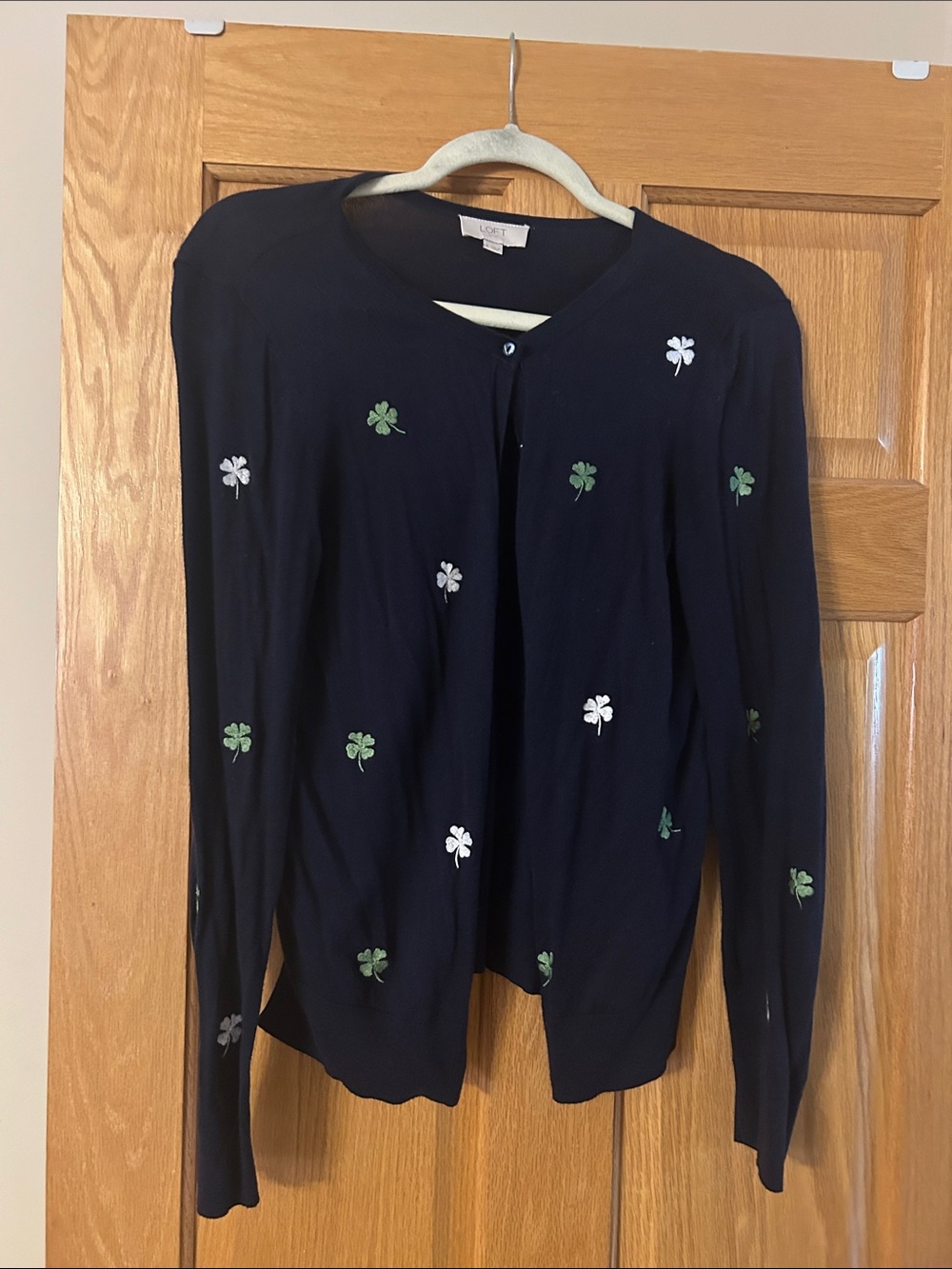 Loft navy cardigan with shamrock embroidery
